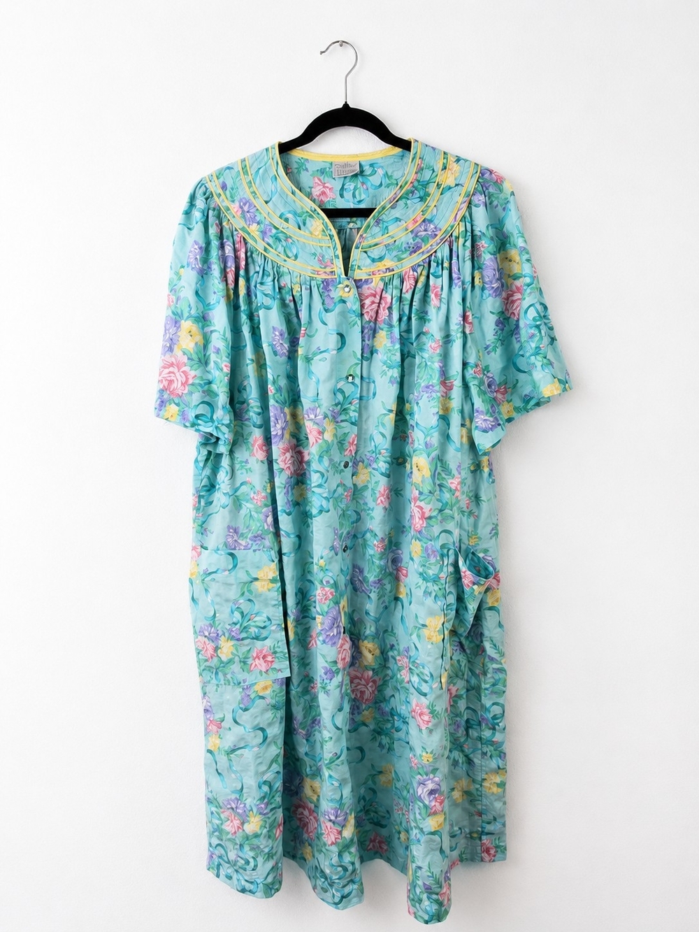 Vintage Coffee Time Floral House Dress Muumuu Cottagecore Pastel Button Front XL
